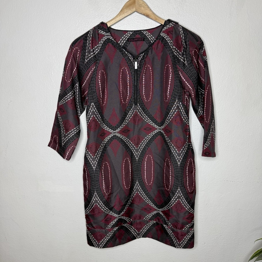 Custo Barcelona Maroon Geometric Mini Dress 3/4 Sleeve Size 34 Women's XS